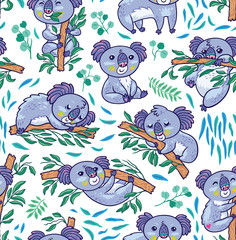 Wall Mural - Fun koalas in the eucalyptus seamless pattern. Vector illustration