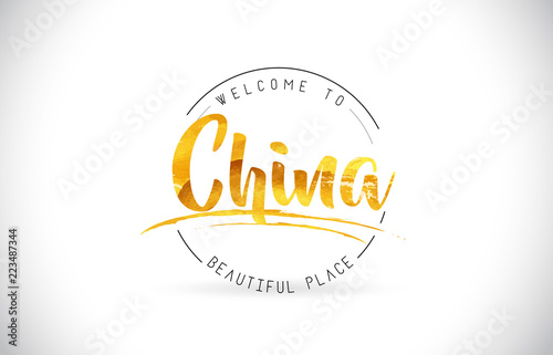 Foto China Welcome To Word Text with Handwritten Font and Golden Texture Design
