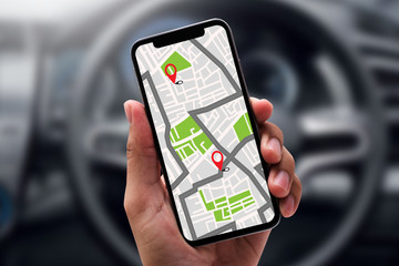 Poster - GPS Map to Route Destination network connection Location Street Map with GPS Icons  Navigation