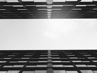 Poster - Stimulate image of high rise glass building and dark steel window system on clear sky background,Business concept of future architecture,lookup to the angle of the corner building.3D rendering.