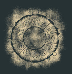 Wall Mural - Astrological symbols in the circle. Grain noise effect