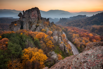 Wall Mural - magnificent morning view of the belogradchik rocks in bulgaria, lit by the autumn sun