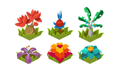 Poster - flat vector set of fantasy plants. tropical trees and flowers. nature landscape elements for compute