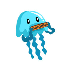 Poster - Jellyfish playing on the harmonica, cute musician sea creature cartoon character with musical instrument vector Illustration on a white background