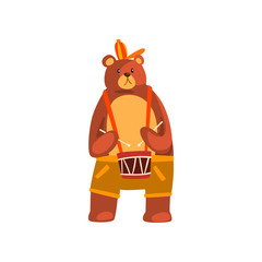 Wall Mural - Bear playing the drum, cute musician animal cartoon character with musical instrument vector Illustration on a white background