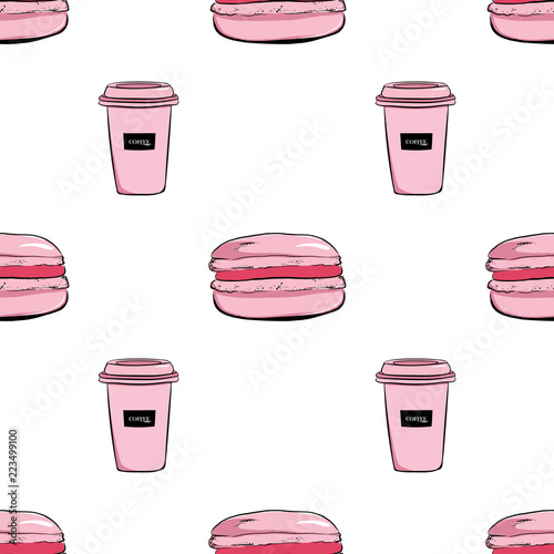 pociagany-recznie-bezszwowy-wzor-rozowa-filizanka-kawy-i-macaroons-macarons
