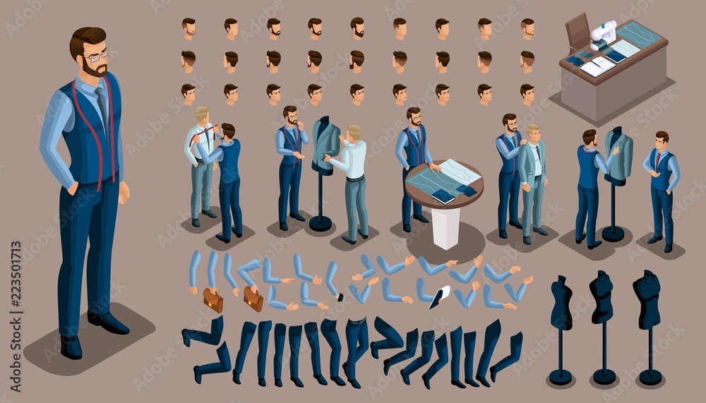 Isometric vintage background, a tailor man, a set of gestures of hands ...