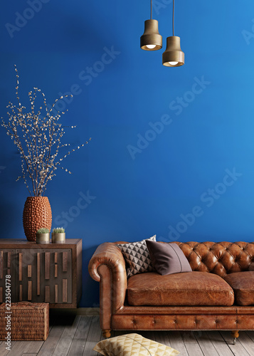 Fotografie, Obraz Simple urban style interior with brown sofa and blue wal.