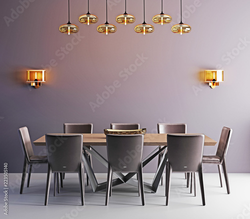 Fotomural Room with contemporary dining table, white chairs and modern lamp