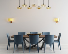 Modern Minimalistic Dining Room Interior With Beige Empty Walls, A Concrete Table With Blue Chairs Near It.