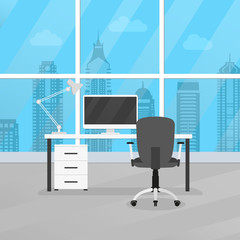 Wall Mural - Office room interior with desk or table, chair and computer. Modern business workplace or workspace design. Vector illustration.