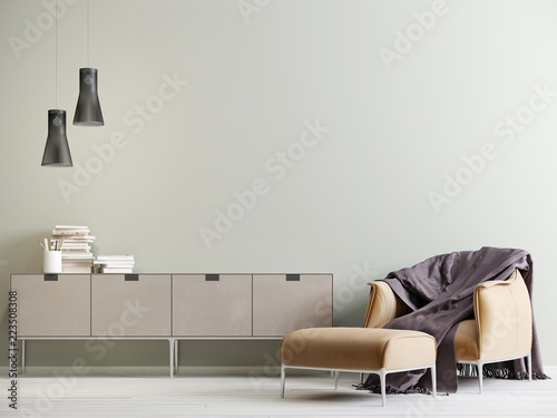 Fotografia Modern interior with a chest of drawers and a chair in a modern style with empty wall