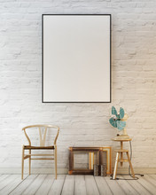 Mock Up Poster Frame In White Brick Wall Concept Interior Background With Chair And Air Fun.
