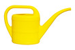 Yellow plastic watering can for watering plants isolated on white background close-up
