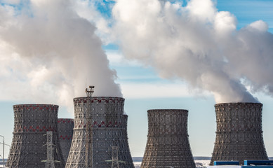 Nuclear Power Plant with Cooling Towers and Huge White Vapor