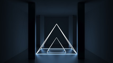 Poster - 3d rendering. Futuristic tunnel with bright neon light. Artificial intelligence and virtual reality. Abstract digital background with blur and reflection. Programs, web, innovation concept
