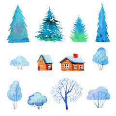 Set with isolated winter trees, houses and firs. Hand drawn cartoon watercolor illustration