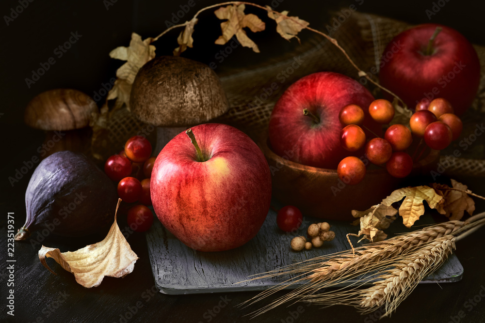 Obraz na płótnie Autumn still life in low key with pink apples and Fall decorations on dark background w salonie