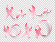 Big Set Of Pink Ribbons Isolated Over Transparent Background. Symbol Of Breast Cancer Awareness Month In October. Vector