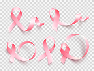 Wall Mural - Big set of pink ribbons isolated over transparent background. Symbol of breast cancer awareness month in october. Vector