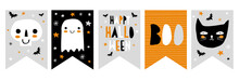 Funny Hand Drawn Halloween Vector Bunting. Infantile Illustration. White Skull And Ghost, Black Cat And Bats. Hand Written Happy Halloween And Boo. Starry Night. Gra, Orange, Black And White Design.