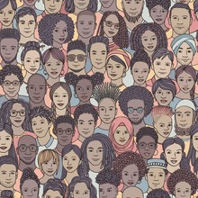 Diverse crowd of people - seamless pattern of hand drawn faces of various ethnicities