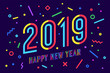 © foxysgraphic - 2019, Happy New Year. Greeting card with inscription Happy New Year 2019. Memphis geometric bright style for Happy New Year or Merry Christmas. Holiday background, banner, poster. Vector Illustration