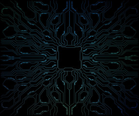 Wall Mural - Futuristic blue sci-fi abstract circuit board theme on solid black background with center at middle for your text, logo, product, icon. For used technology, crypto currency works.