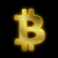 Poster - glowing gold bitcoin (btc) with circuit texture pattern on its surface. for use as logo, icon, adver