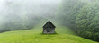 Alone cabin in the woods. High resolution panorama. Landscape photography