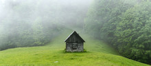 Alone Cabin In The Woods. High Resolution Panorama. Landscape Photography