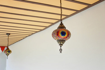 Turkish colorful mosaic glass lamp close up.