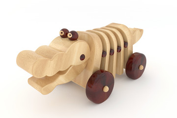 3d rendering wooden toy crocodile from two varieties of wood vintage models on a white isolated background