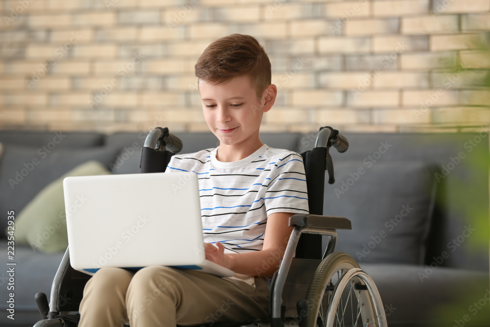 Boy in wheelchair with laptop at home