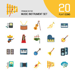 Music Instrument Icon Set. Drum And Drumsticks Balalaika Banjo Instrument Classic Accordion Violin And Bow Trumpet Xylophone Grand Piano Scottish Bagpipe Synthesizer Acoustic Speakers