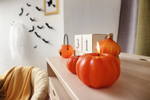 Creative Decor Prepared For Halloween Celebration On Table In Room