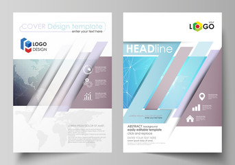 The vector illustration of the editable layout of two A4 format modern covers design templates for brochure, magazine, flyer, report. Molecule structure. Science, technology concept. Polygonal design.