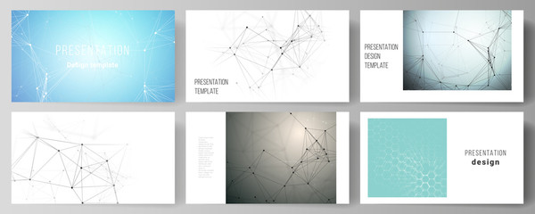 The minimalistic abstract vector layout of the presentation slides design business templates. Technology, science, medical concept. Molecule structure, connecting lines and dots. Futuristic background