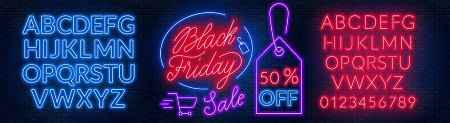 Poster - Black Friday neon lettering on brick wall background with the alphabet