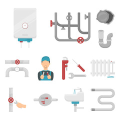 Wall Mural - Plumbing, fitting cartoon icons in set collection for design. Equipment and tools vector symbol stock web illustration.