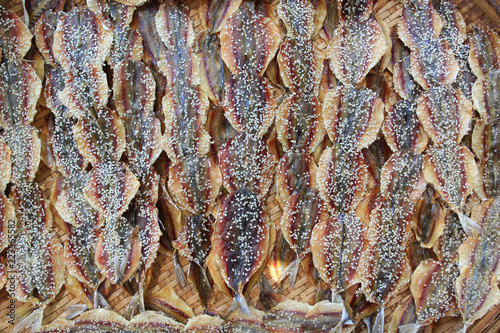 Valokuva Yellow stripe scad, Dried fish in the market, thai food