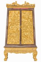 Gilded Wooden Boxes Containing Pali Manuscripts Exhibited Inside Ho Trai Or The Library Of Tripitaka (Pali Canon) Located At Wat Temple In Thailand