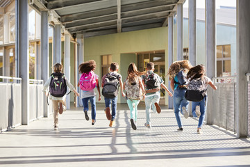 Wall Mural - Elementary school kids running at school, back view close up