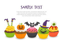 Cute Halloween Background Illustration. Cupcake Set, Isolated On White Background. Vector Illustration.