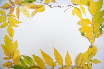 frame of autumn leaves on table background