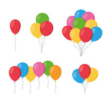 Balloons In Cartoon Flat Style Isolated Set On White Background. Bunch Of Balloons - Stock Vector.