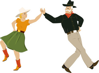 Wall Mural - A mature couple dressed in traditional country western costumes dancing, EPS 8 vector  illustration