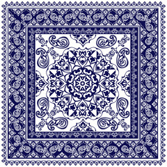  Indigo dye printed traditional paisley pattern. Vector ornament paisley Bandana Print, square pattern design style for print on fabric.