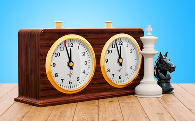 Poster - Chess clock with chess figures on the wooden table. 3D rendering