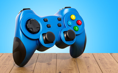 Game controller on the wooden table. 3D rendering